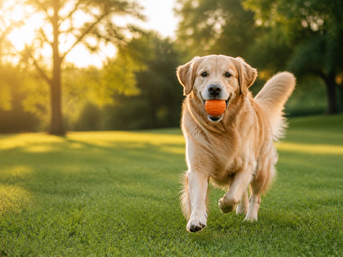 Golden retriever running with an orange ball