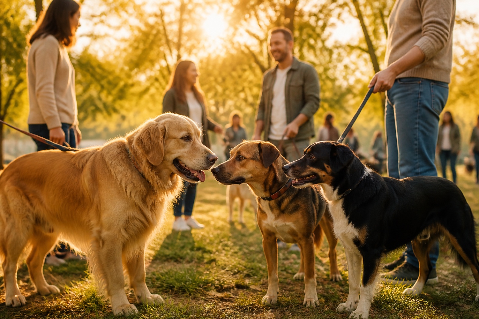 Dogs greeting at the Golden Hour Dog Meetup
