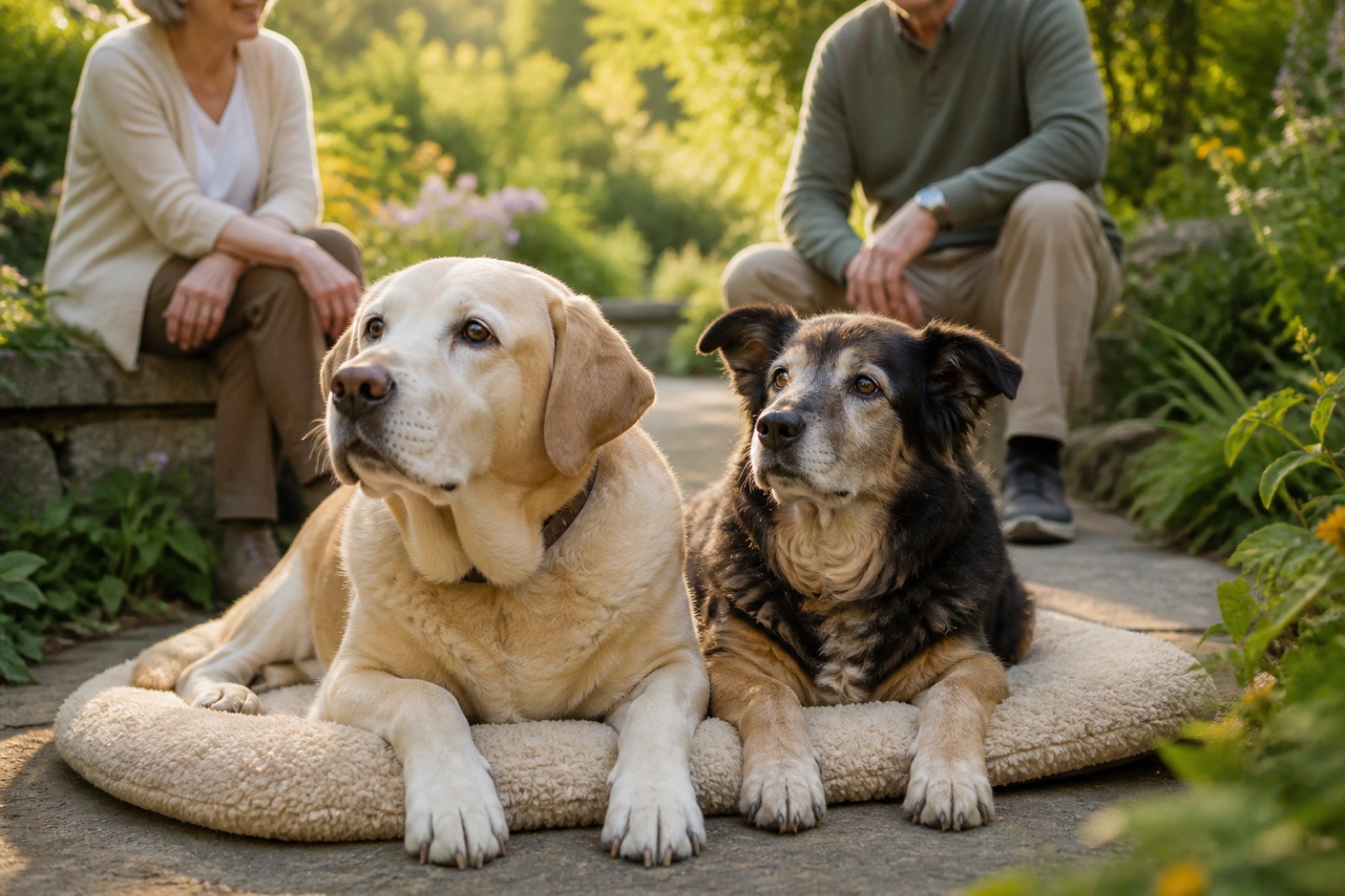 Senior dogs relaxing together in a garden