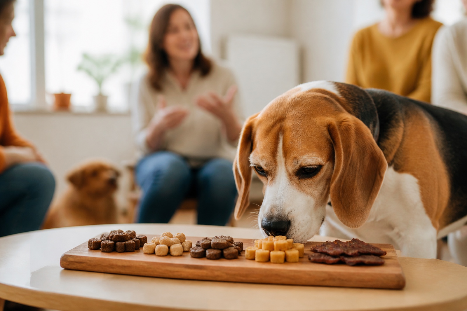 A dog exploring treats at a nutrition workshop